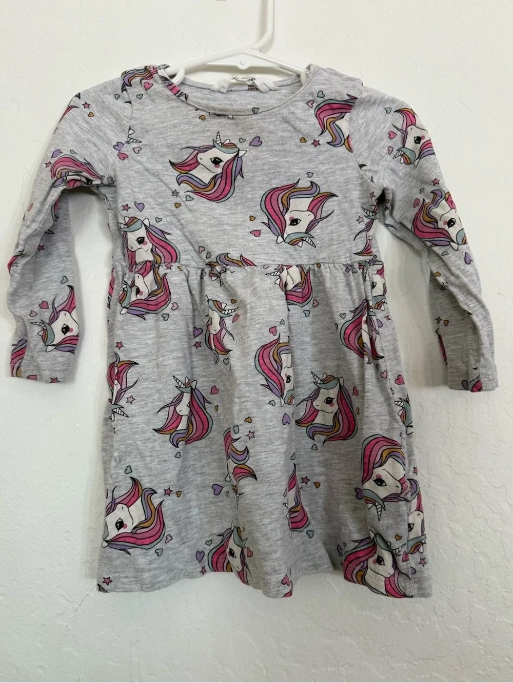 H&M Gray Long-Sleeve Unicorn Print Dress with Pink Accents